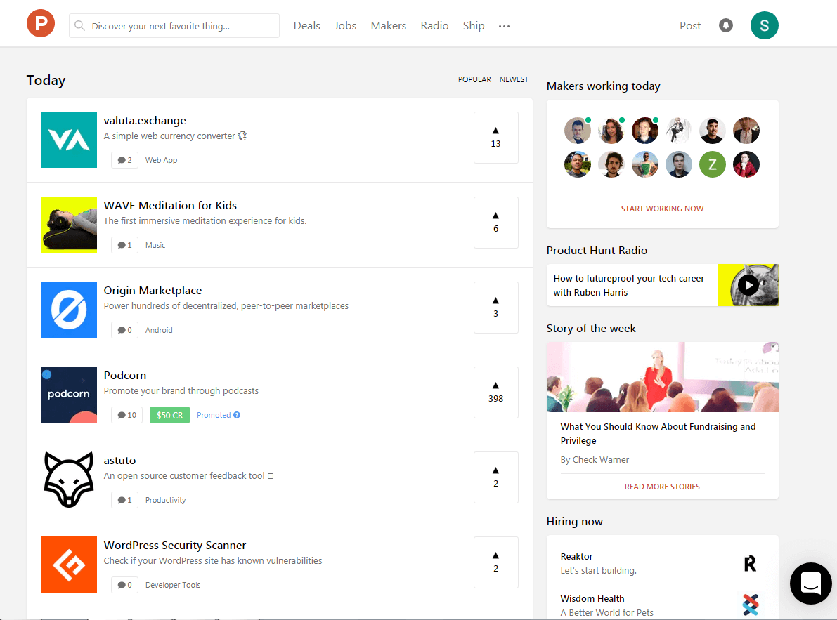 Product Hunt feed with launched products